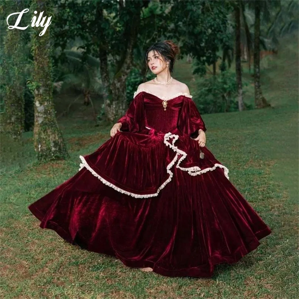 

Lily Burgundy and White Party Dress Off Shoulder Long Sleeve Evening Dresses A Line Party Gown Prom Gown for Women Customized