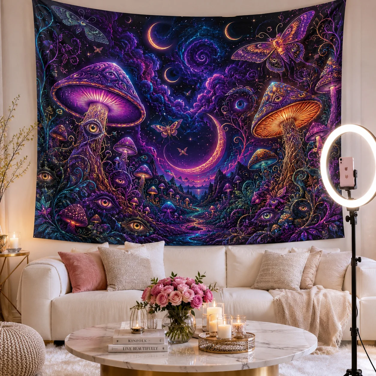 Psychedelic Mushroom Tapestry Wall Hanging Trippy Eye Aesthetic Room Decor Moon Phase Forest Fabric Wall Tapestries Gift