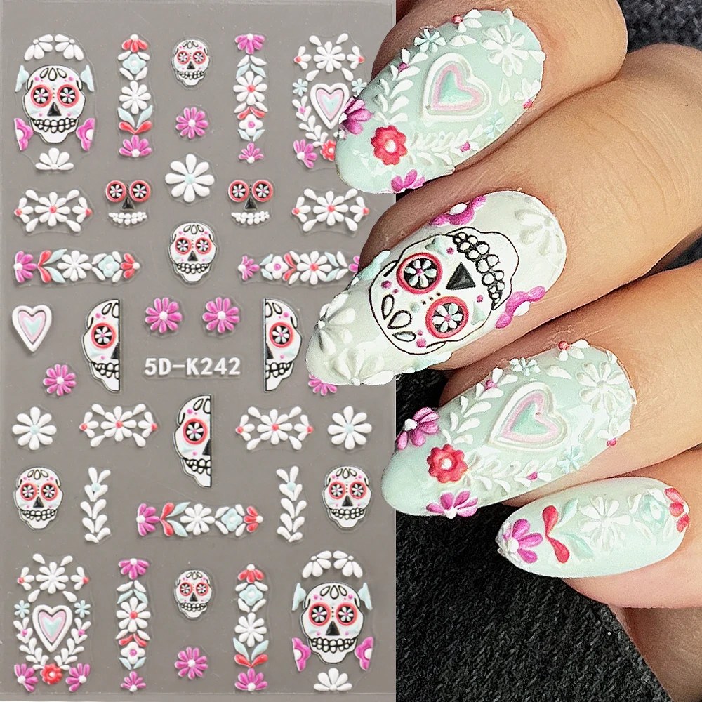 5D Halloween Nail Stickers Emboossed White Skull Flower Pumpink Adhensive Decals Spider Web Cartoon Manucures Slider NL5D-K242