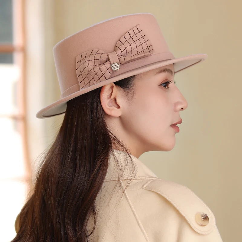 Hat Women's new spring and autumn wool felt hat French retro top hat women's Fashion Tie-in Flat Lady Hat Women's