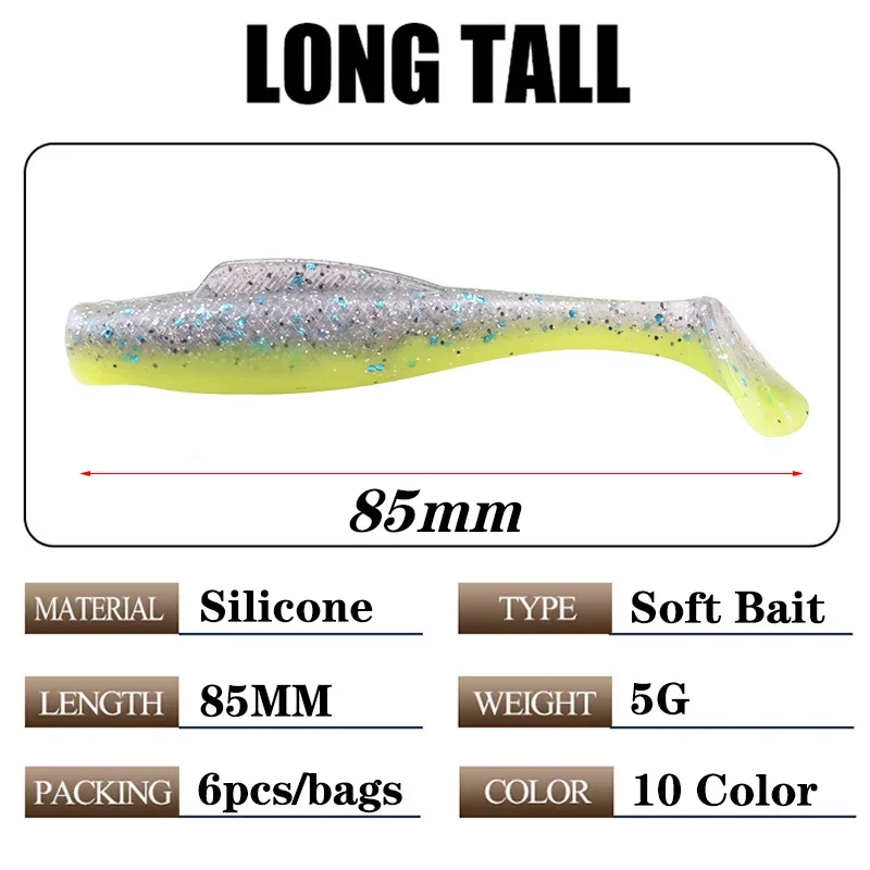 6 Pcs/Lot T Tail Soft Lure 8.5cm 5g Float TPR Silicone Bait for Bass Sea Fishing Swimbait Jig Wobblers Artificial Rubber Tackle