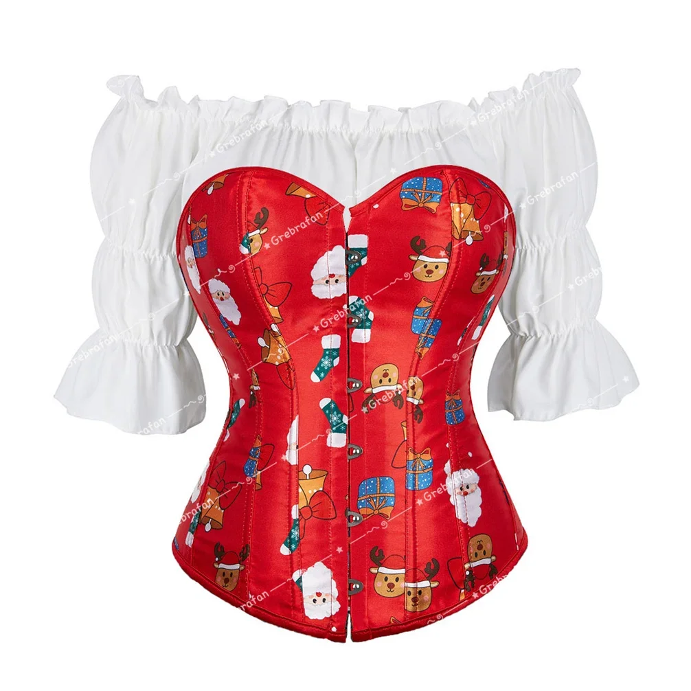 Women Christmas Corsets with Pirate Blouse Santa Printing Bustiers Burlesque Corset Corsage Role Playing Costumes Sexy Plus Size