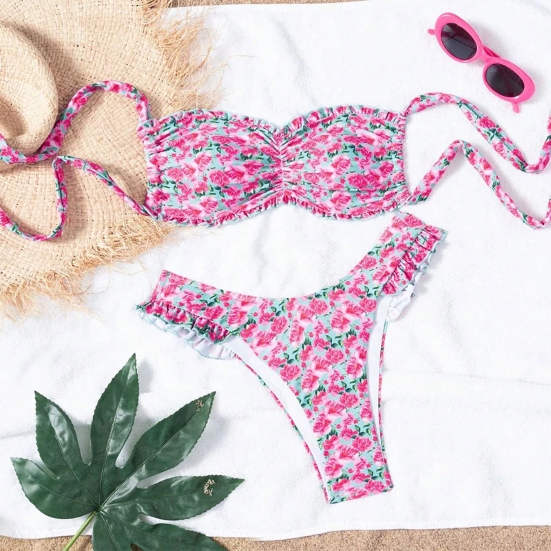 طقم تانكيني مكشكش مكون من قطعتين للنساء، ملابس سباحة مطبوعة بالزهور، تصميم منفصل، ملابس شاطئ مريحة