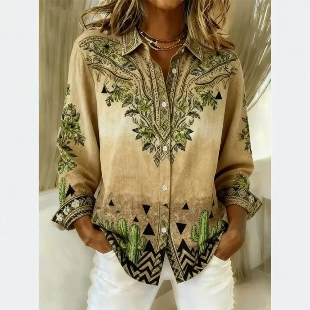 Women Floral Print Ombre Gradient Button Down Shirt Long Sleeve Loose Fit Casual Blouse Spring Fall Daily Top