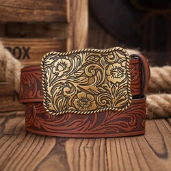 Western Cowboy PU Leather Belt - Men Waist Strap Bull Decoration Floral Engraved for Jeans