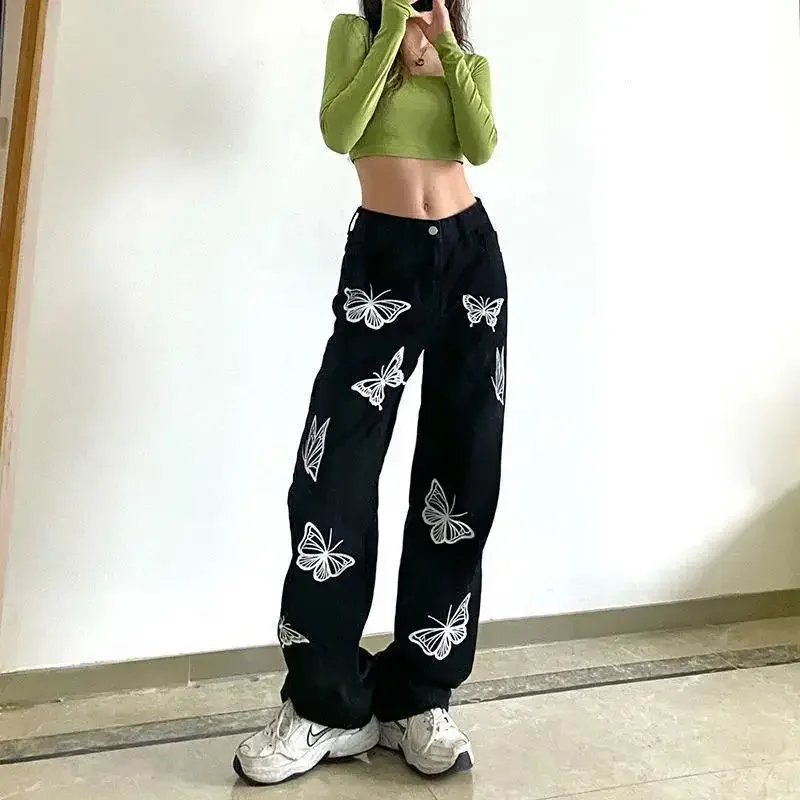 Butterfly Printed Jeans for Women's Korean Version, Retro High WaistedSlim and Loose FittingVersatile Straight Leg Pants Trend