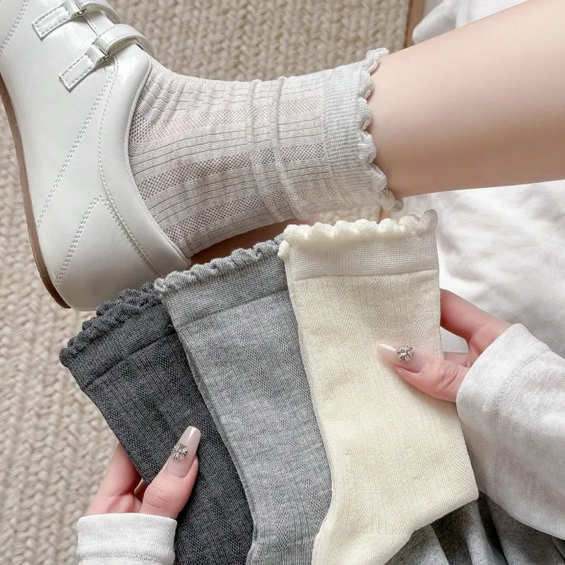 Modische Socken für Damen, Frühling und Sommer, dünn, atmungsaktiv, einfarbig, Netzstoff, niedliche Spitze, Damen-Crew-Socken, lässige lange Socken