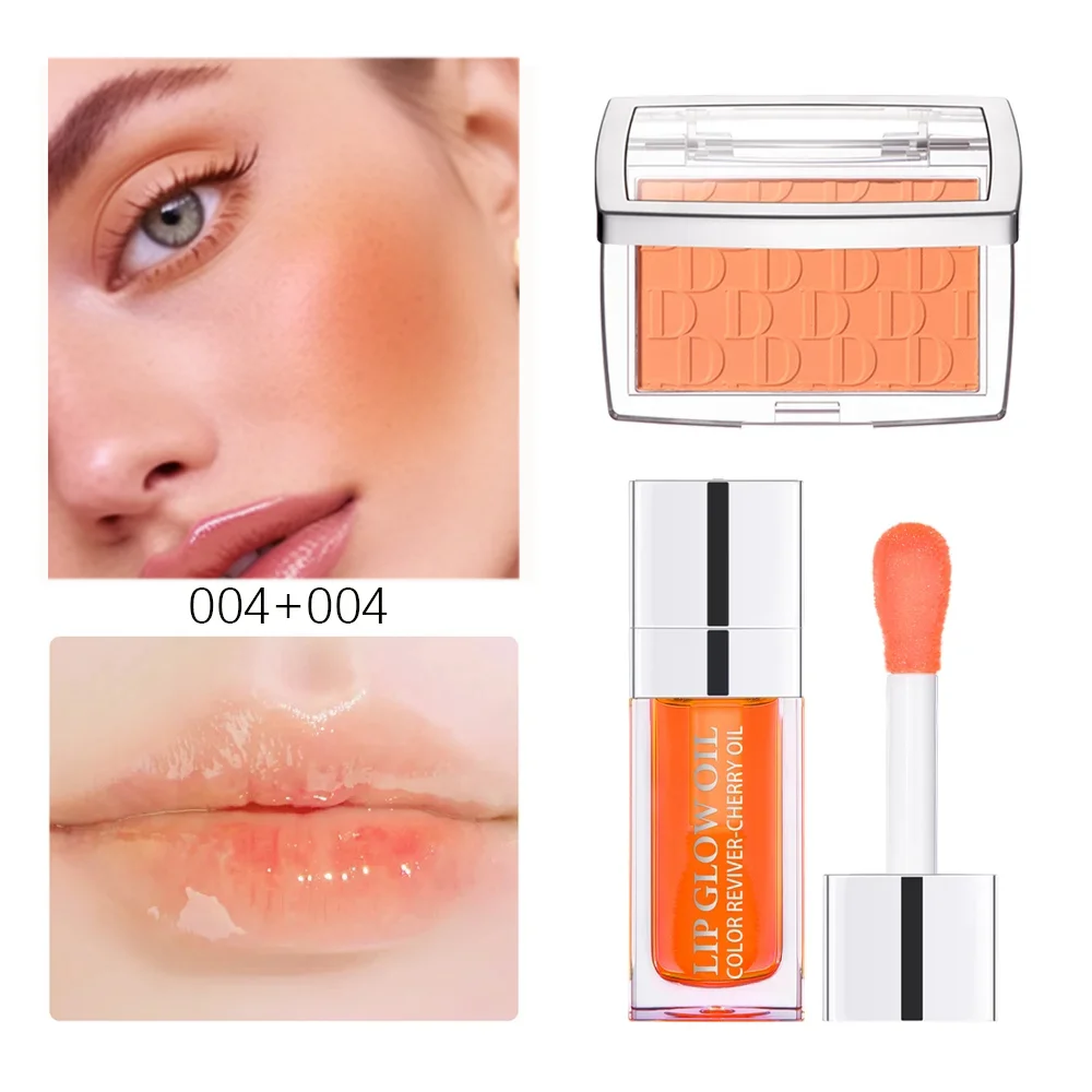 

Lip Glow Oil And Embossed Blush Set Moisturizing Lipgloss Plumping Liquid Lipstick Matte Powder Blausher Palette For Cheeks