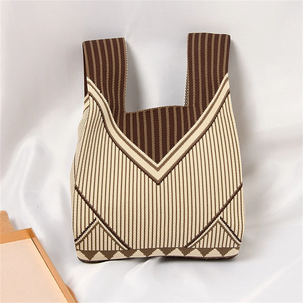 Geometric Patterns Knitted Handbag Fashion Korean Women Mini Knot Wrist Bag Casual Ladies Tote Bag Student Reusable Shopping Bag