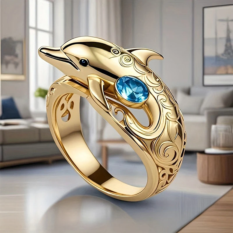 Huitan شيك دولفين تصميم خواتم الاصبع للنساء المحيط الحيوان خواتم مع الأزرق مكعب زركونيا هدايا ارتداء اليومي مجوهرات الأزياء #4