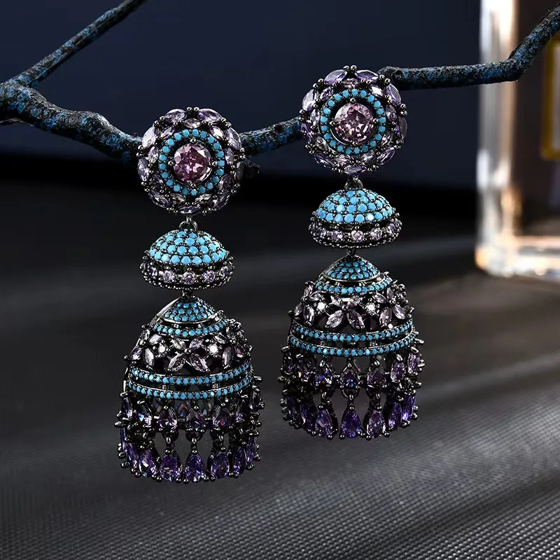 Bilincolor Black Card Heavy Industry Micro Inlaid Zircon Wind Chime Earrings for Women