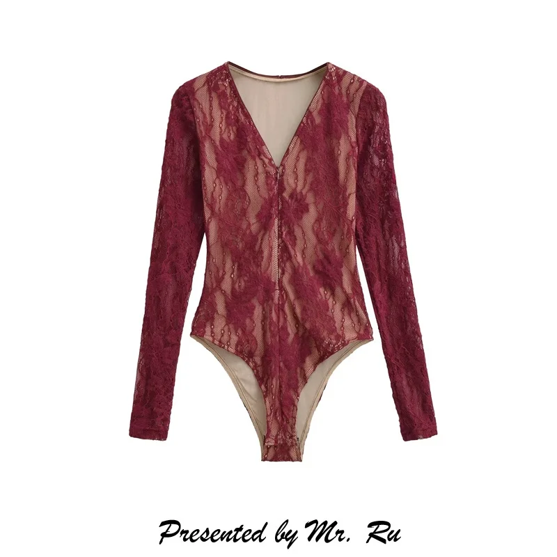 

Ретро-комбинезон с цветочным кружевом и молнией, длинными рукавами, V-образным вырезом, утягивающий талию, базовый слой, весна 2026, шорты со средней посадкой