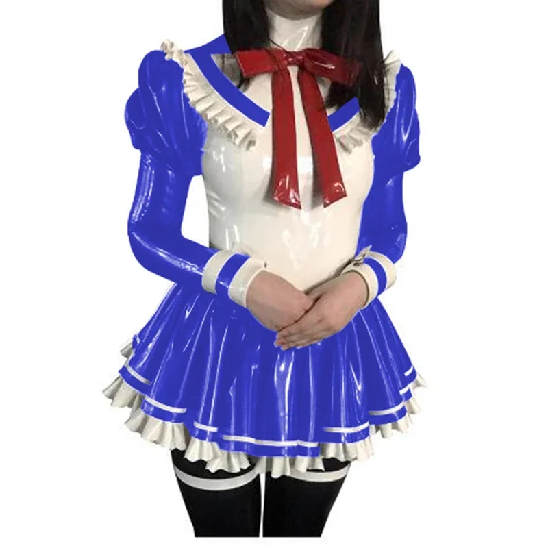 Shiny PVC high neck long puff sleeve anime maid dress sweet maid uniforms clubwear maid cosplayed costume fetish clothing s-7xl