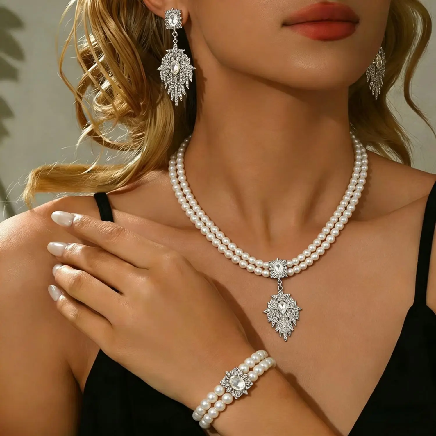 

Pearl & CZ Flower Jewelry Set, Double-Row Pearl Necklace Earrings Bracelet Set, Elegant Bridal Wedding Fashion Accessory Beloved