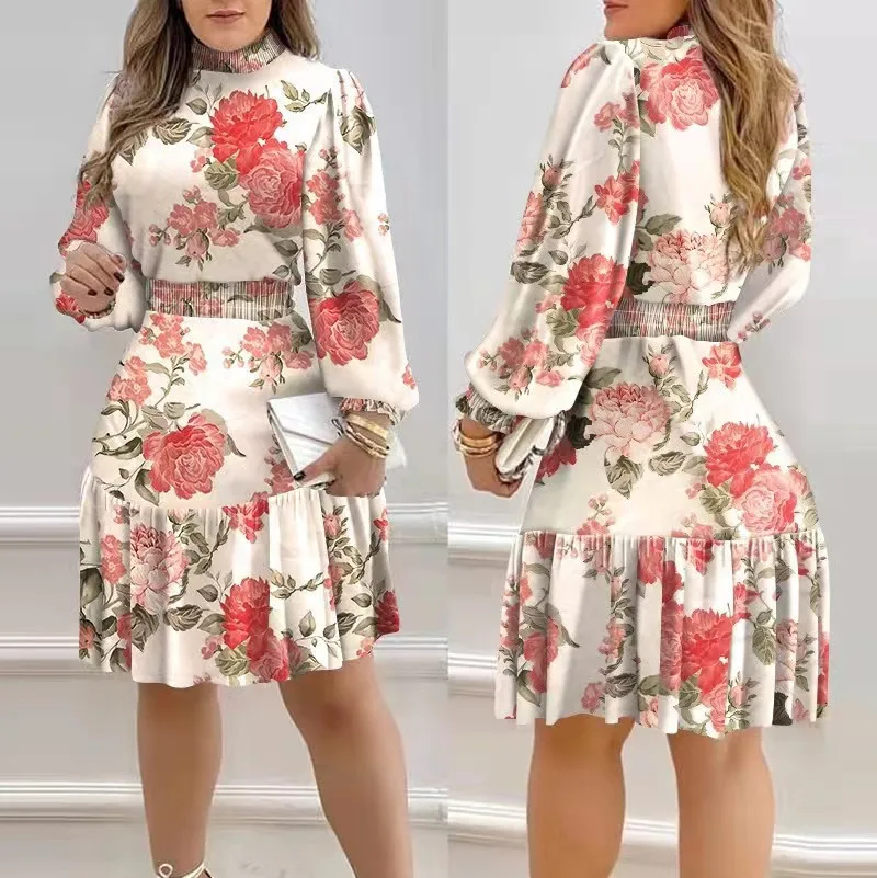 Abito longuette floreale da donna alla moda, manica lunga a lanterna, vita smockata, orlo con volant, ideale per occasioni casual