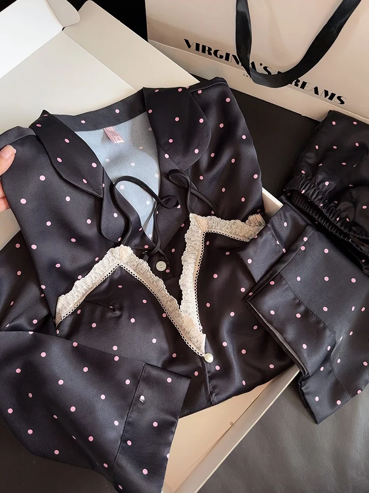 korean-style-polka-dot-black-ice-silk-three-piece-set-sweet-personality-home-clothes-girlfriend-birthday-gift-high-end-gift-box