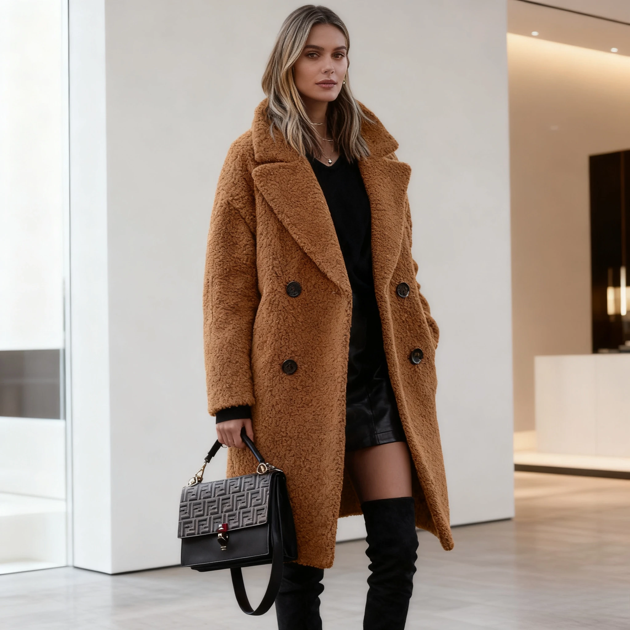 

Women Solid Coats Long Plush Blends Pocket Long Sleeves Turn Down Collar Button Open Stitch Thick Casual Office Lady 2025 Winter