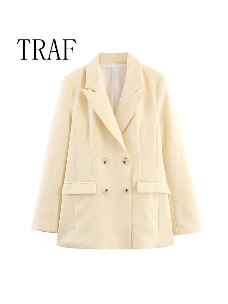 

TRAF European and American style women's new fashion all-match solid color long-sleeved double-breasted suit jacket