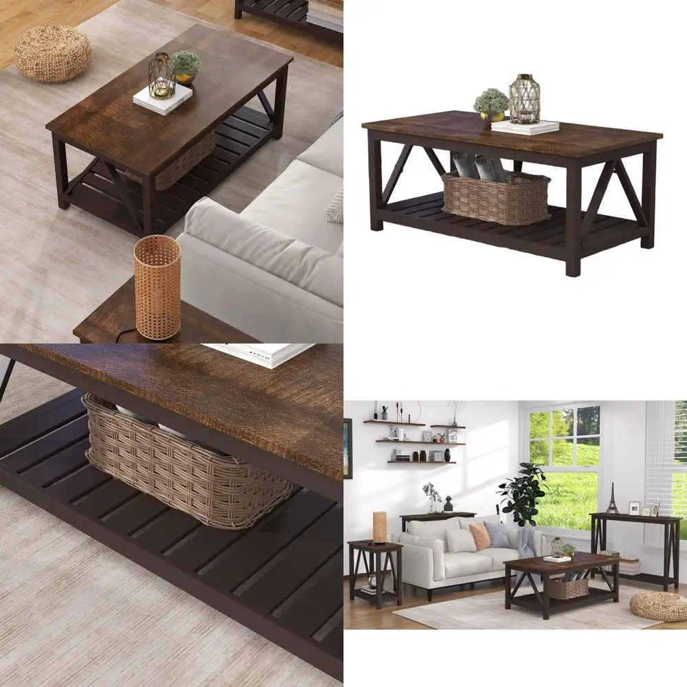 

Vintage Rustic Espresso Coffee Table with Shelf, 40 for Farmhouse Living Rooms