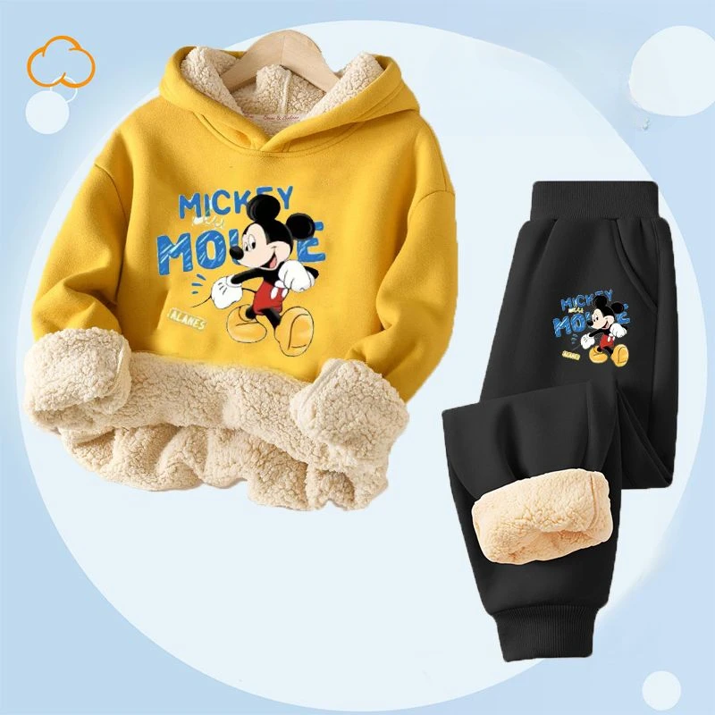 Autumn Winter Disney Children's Sweatshirt Sets Plus Cashmere Warm Boys Hooded Pullover 2cps Suit Minnie Girls Clothing Set