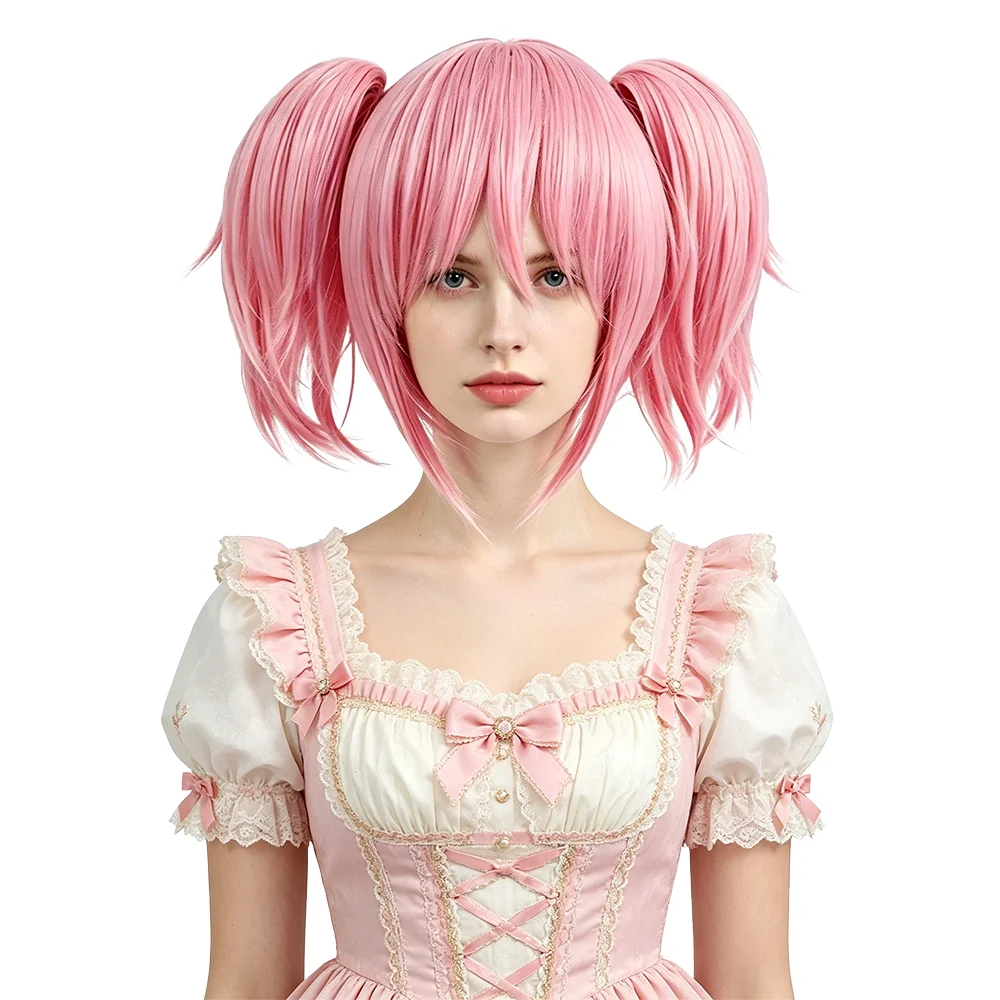Sakura Pink Madoka Kaname Cosplay Wig Short Pigtails with Bangs Puella Magi Madoka Magica Anime Wig Heat Resistant Synthetic