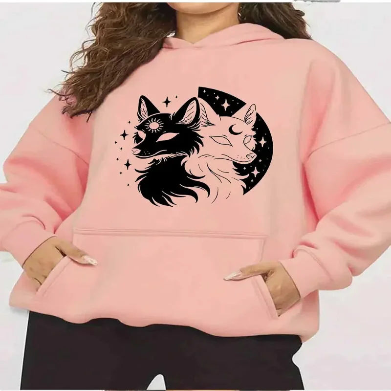 Женская толстовка с рисунком Moon Stars Wolf, уютный повседневный пуловер с карманом, осенне-зимний сезон, комфортная повседневная одежда и уличная одежда