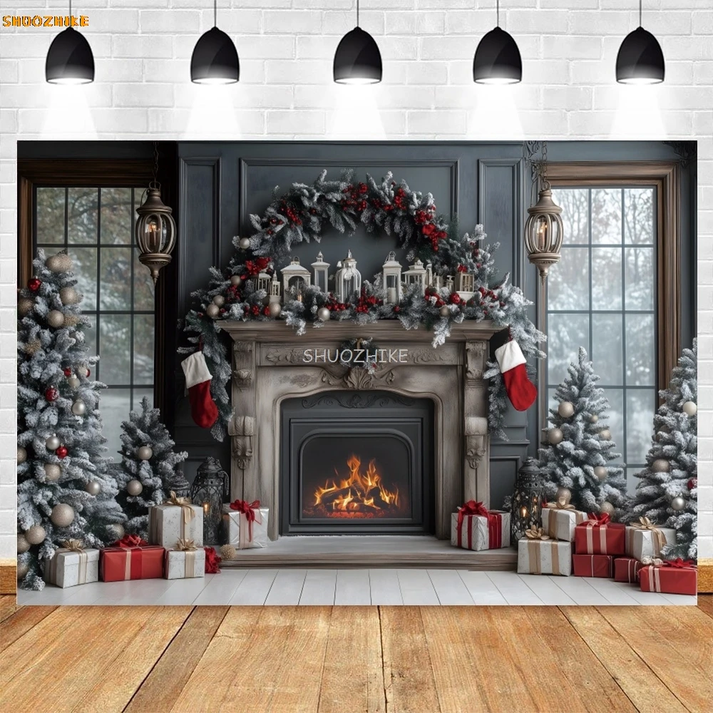 

Gray Brick Wall Fireplace Backdrop Merry Christmas Family Party Decor Photo Backdrops Socks Xmas Trees Photography Background