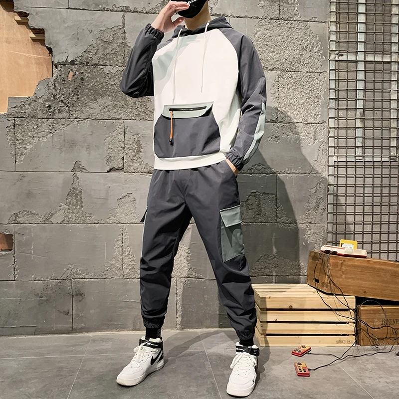 Hip-hop Suit Male Set Track Suits Sweatsuit Man Tracksuit Mens Set Pant Zipper Pockets Outwear 2PC Jacket+Pants Sets Nice Pop