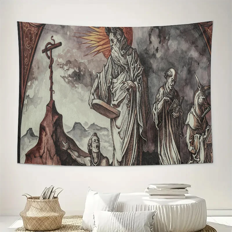 ملصق فني جداري ديني عتيق مثالي لديكور غرفة المعيشة باللونين الأبيض والأسود مرسومة يدويًا مع صورة متقاطعة على الطراز القوطي