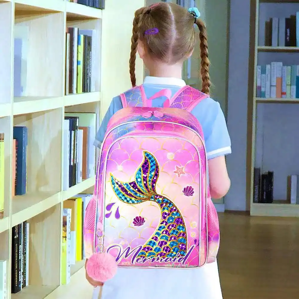 3PCS Mermaid Backpack, Water Resistant Girls Bookbag Set with Lunch Box?Cute Kids Elementary School Bag for Preschool Toddler