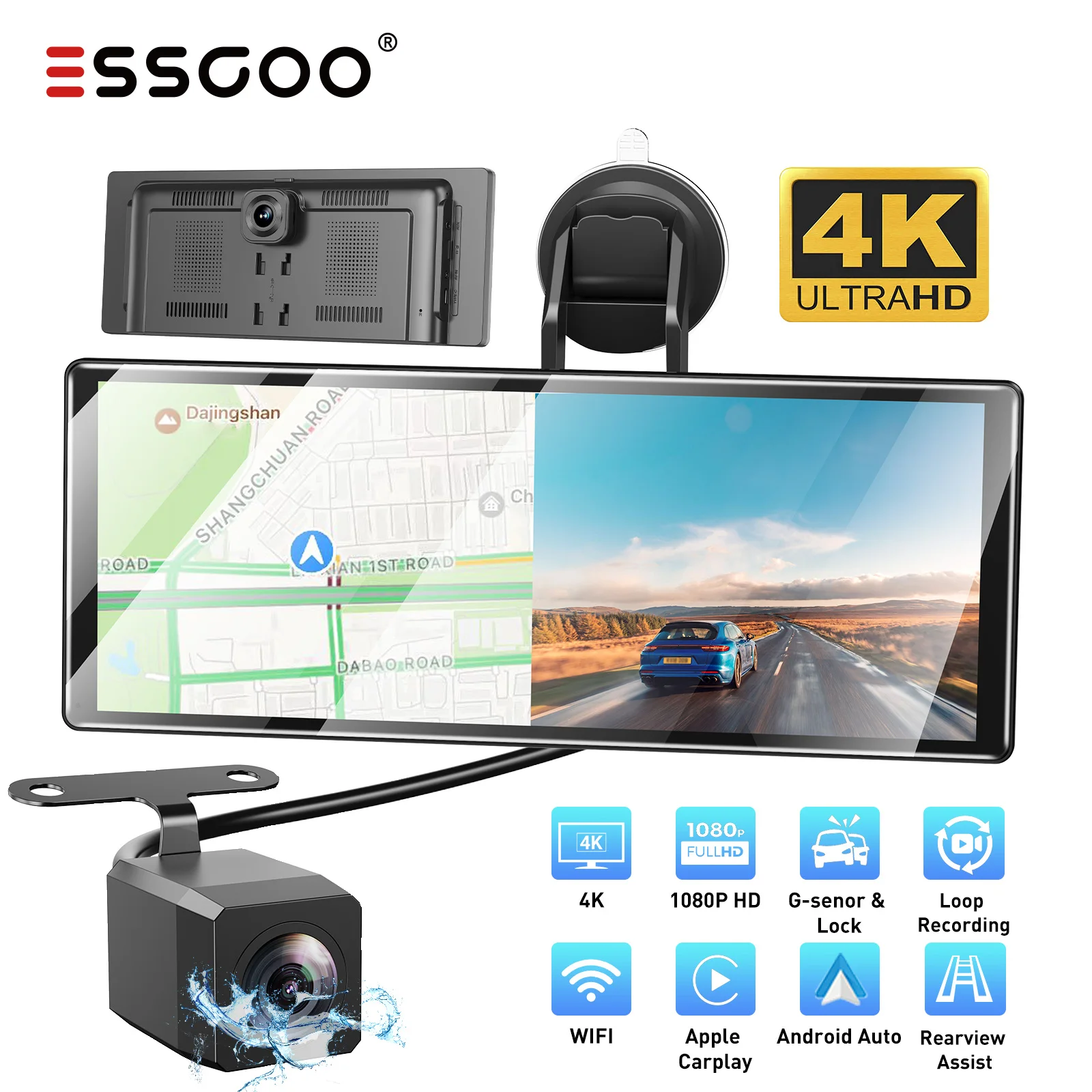 ESSGOO 11,26 Zoll Tragbare Dashcam Rückfahrkamera Carplay Android Auto 4K DVR Navi-Player Dual-Objektiv-Recorder Armaturenbrett WIFI BT AUX GPS FM