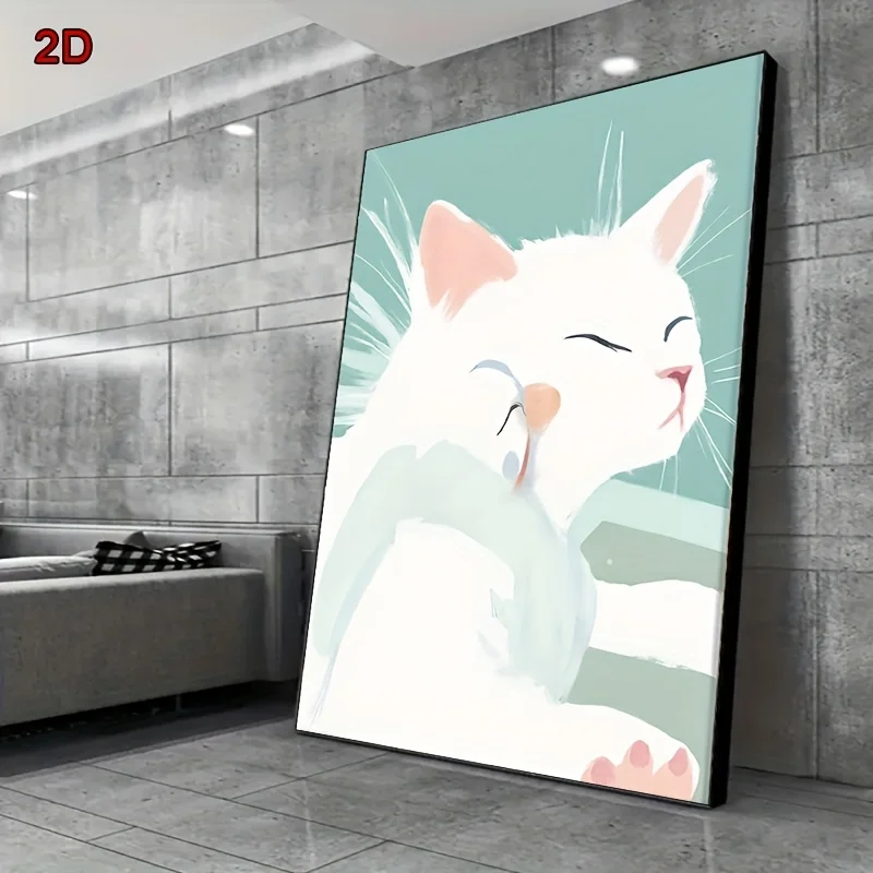 طباعة مسطحة ثنائية الأبعاد، طباعة فنية عتيقة بدون إطار من قطة كسولة - قطة بيضاء مريحة مع آذان وأنف وردية، تعبير مريح، مثالي للسرير #2