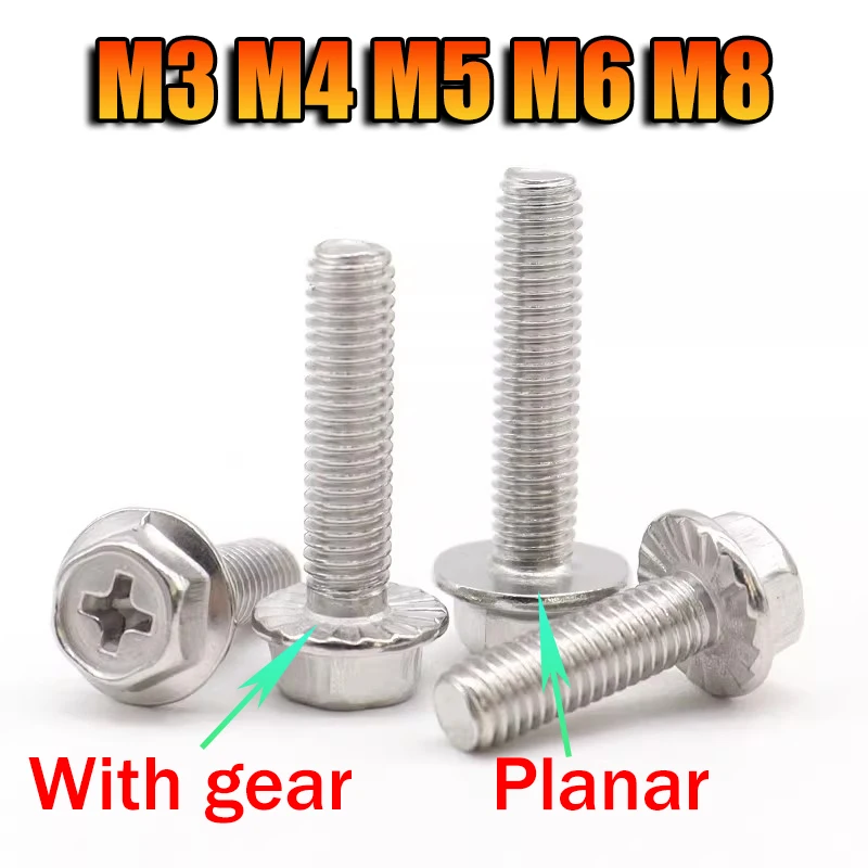 M3 M4 M5 M6 M8 Phillips Flange Screw Bolts 304 A2 Stainless Steel with Serrated Cross Hex Washer Head Bolt Metric Thread 5~60mm