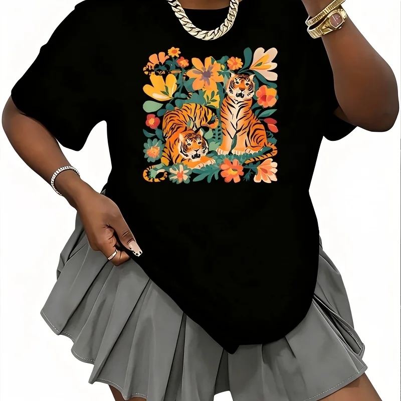 Wonderful Tigers and Flowers with Interesting Nature Women's 100% Cotton T-Shirt Short Sleeve Top Casual Round Neck Fun Print Tee S-5Xl