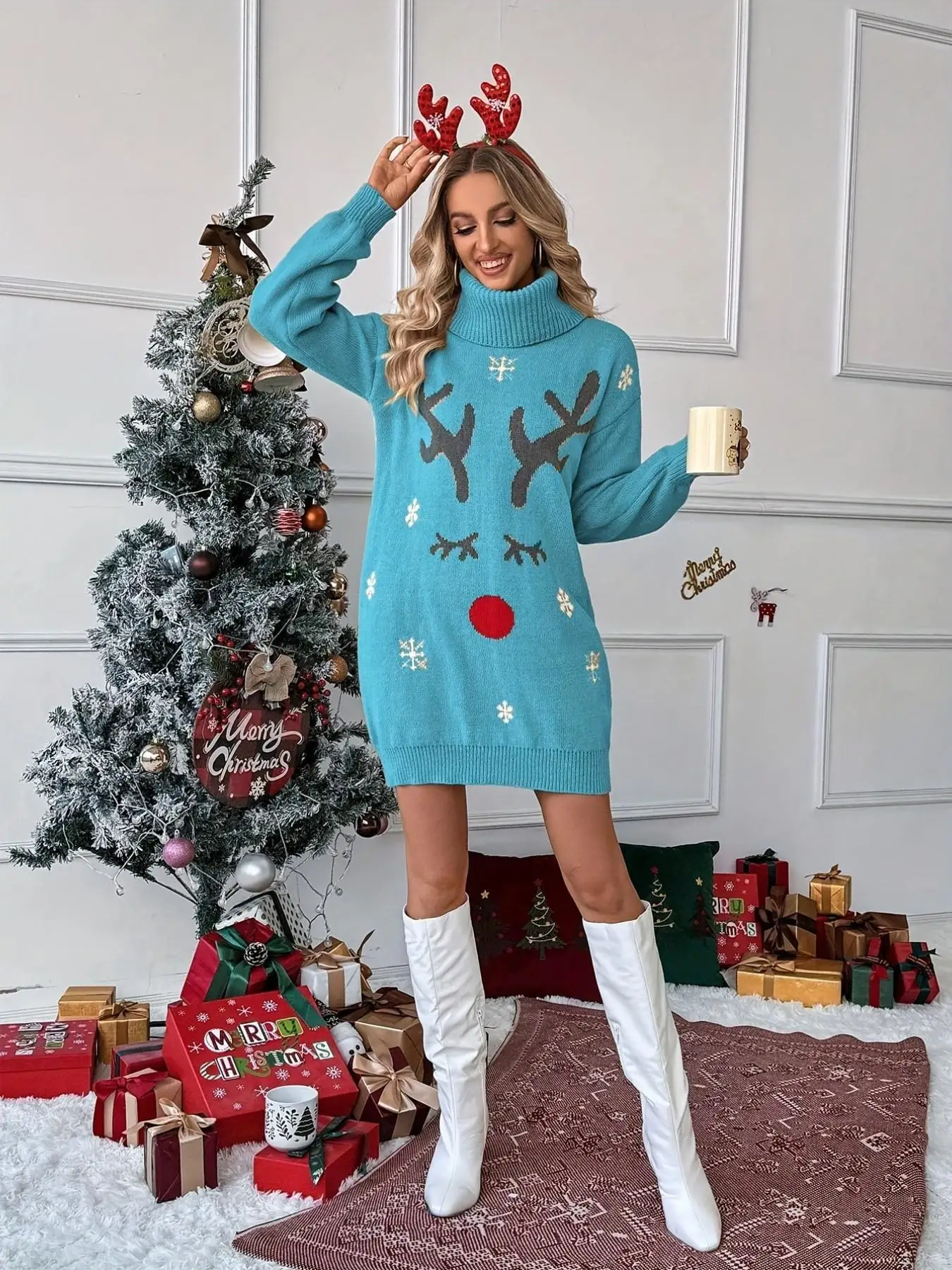Weihnachtliches Strickkleid für Damen mit Rollkragen, Rentiermotiv, Schneefall-Print, überschnittenen Ärmeln, lockerem Schnitt, Winter-Feiertagsoutfit. – Detail 4