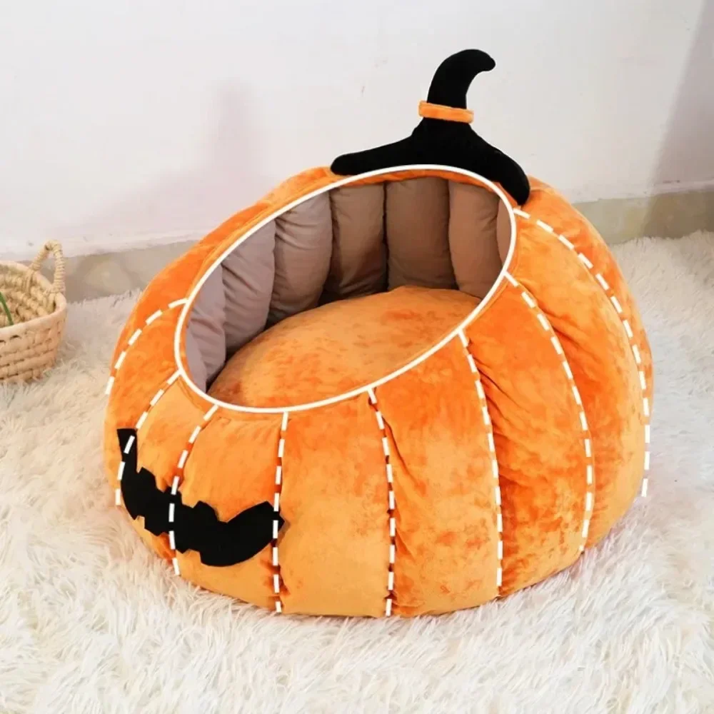 Cat Cushion Bed Halloween Pumpkin Cute Cat Nest Sofa Winter Pet Tent Cave Bed for Dogs Pet Supplies Kennel Cat House Soft Cozy