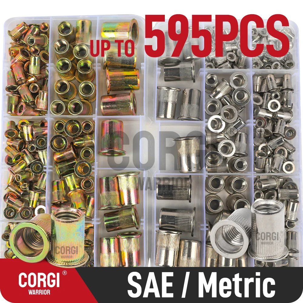 

77-595 Metric/SAE Pieces Rivet Nut Assortment Kit M3 To M12 10-24 1/4-20 5/16-18 3/8-16 Flat Head Carbon Steel Stainless Nutsert