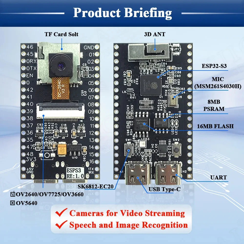 Imagem -03 - Development Board Wifi bt Módulo com Microfone Ov2640 Câmera Module Psram 8mb Flash 16mb Novo Esp32 s3 N16r8 Cam Esp32-s3