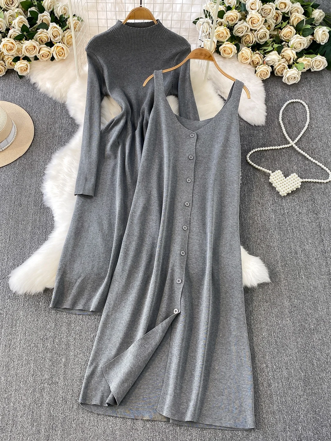 

Elegant Knitted Sweater Dress Women's Waist-Cinching Long Dress with Open Cardigan Vest Dress Base Layer Fashionable Ensemble