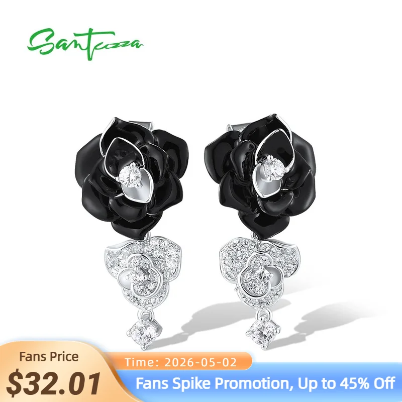 

SANTUZZA Authentic 925 Sterling Silver Drop Earrings For Women White CZ Black&White Chic Flower Enamel Wedding Gift Fine Jewelry
