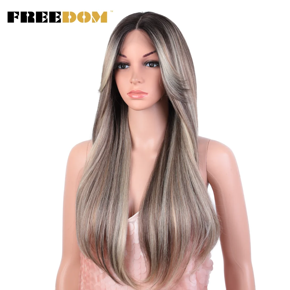 FREEDOM Synthetic Lace Front Wigs For Women 26 Inch Long Straight Lace Wig With Bangs Ombre Orange Blonde Wigs Cosplay Wigs