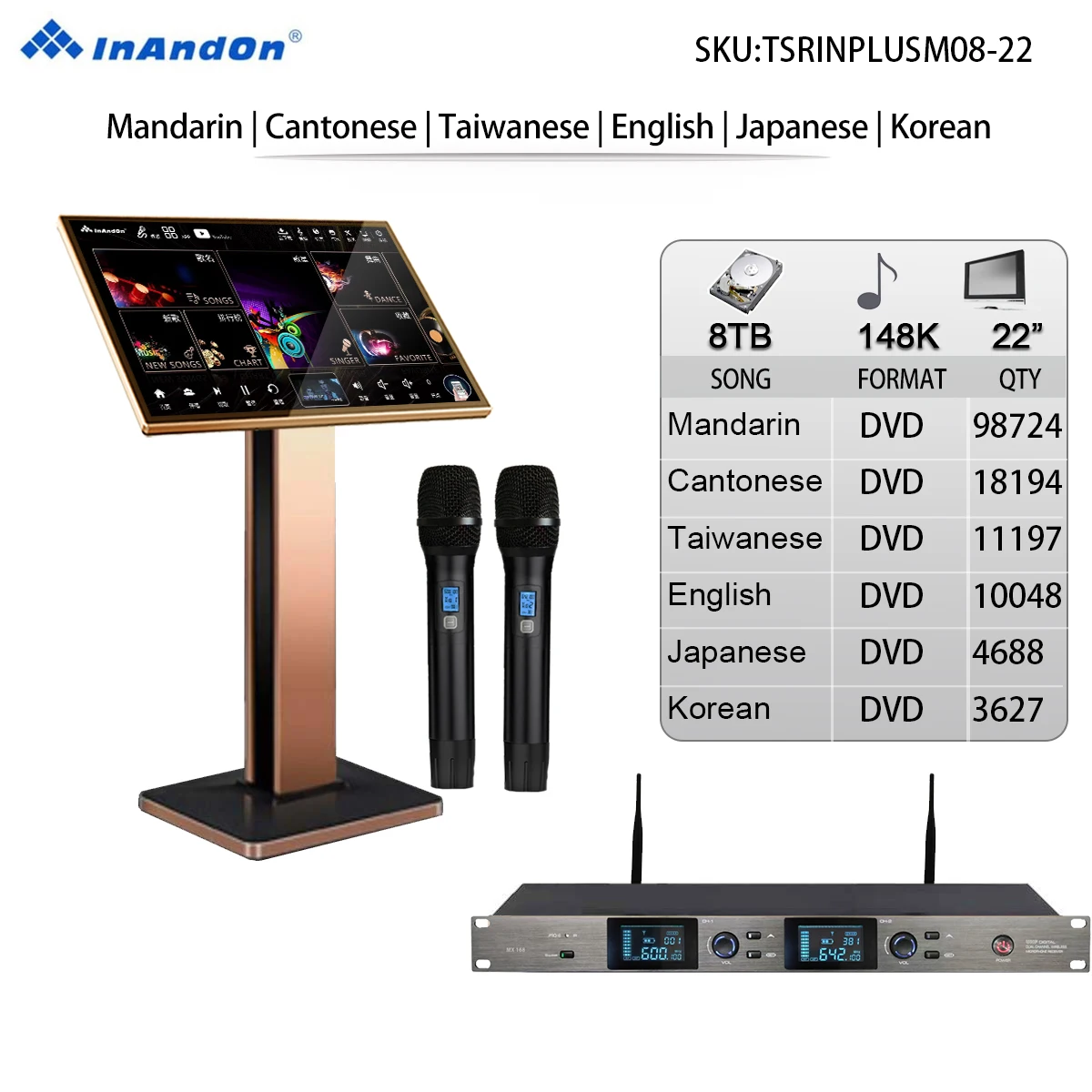 

TSRINPLUSM08-8TB 148K High-Performance InAndOn Karaoke Player Microphone and DSP Mixer, 22" Touch Voice Keying online Movie KTV