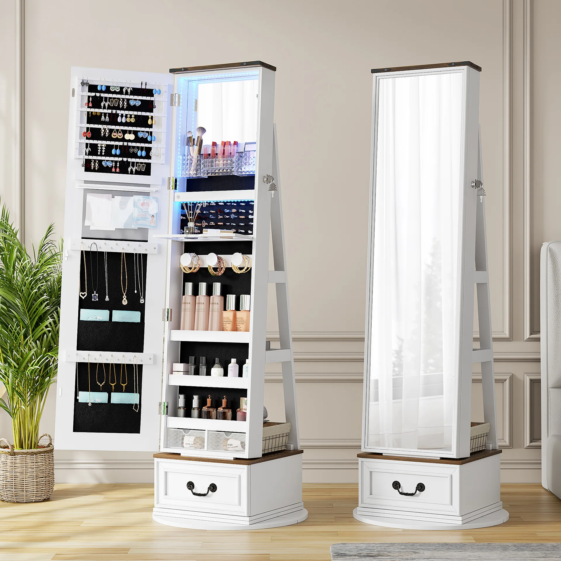 LED light full body floor mirror, 360 ° rotating locker with drawers, lockable bedroom jewelry storage cabinet