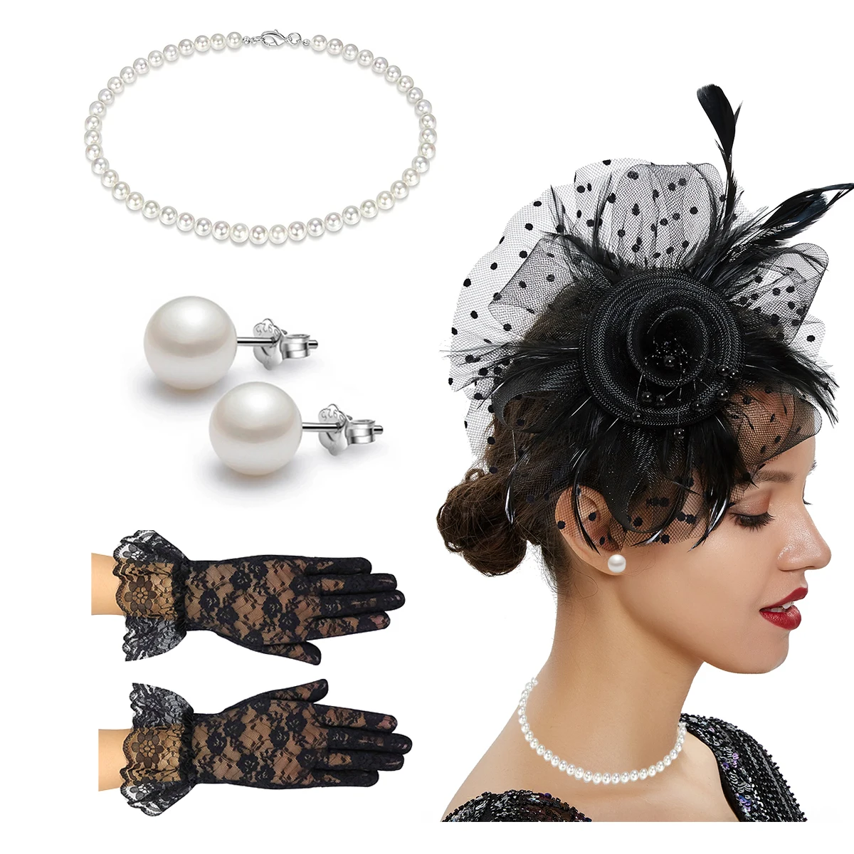 Vintage Headdress Hat Faux1920s Feather Net Hat Cocktail Tea Party Headdress And Women's Short Lace Gloves Set The Prom Suit