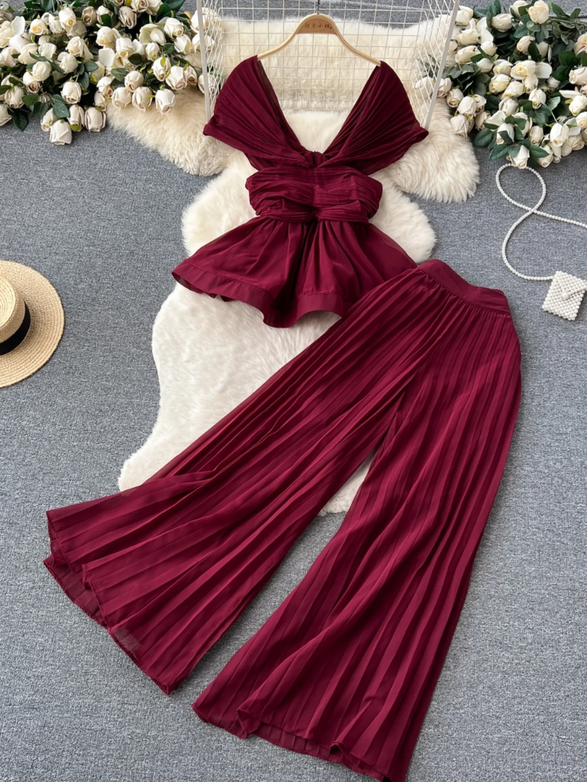 

Ele Faionable летний комплект, женский плиссированный шифоновый топ с высокой талией, широкие брюки, модный наряд из двух предметов