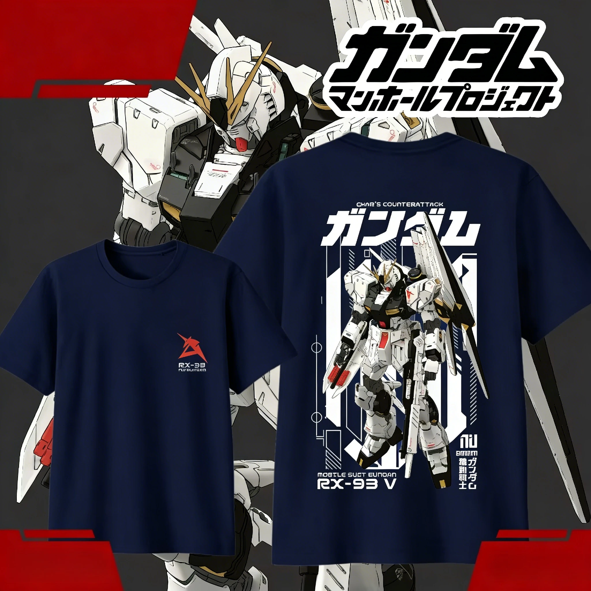 RX-93 ν Gundam Bedrucktes Baumwoll-T-Shirt, Jungen Mädchen Harajuku Streetwear Mecha Anime Kurzarm-T-Shirt, Retro Casual Kinder-Oberteil – Detail 4