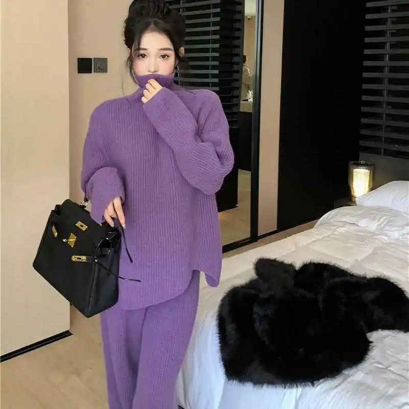 Purple Turtleneck Knit Suit Women\'s New Autumn Winter Thickened Fashion Senior Sense Sweater Wide Leg Pants Two-piece Set Tide