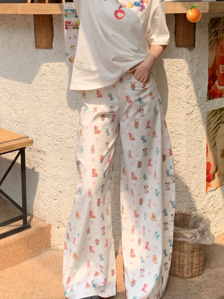 

Широкие повседневные брюки с мультяшным принтом в американском стиле ретро, женские свободные прямые джинсы, летние длинные брюки с высокой талией