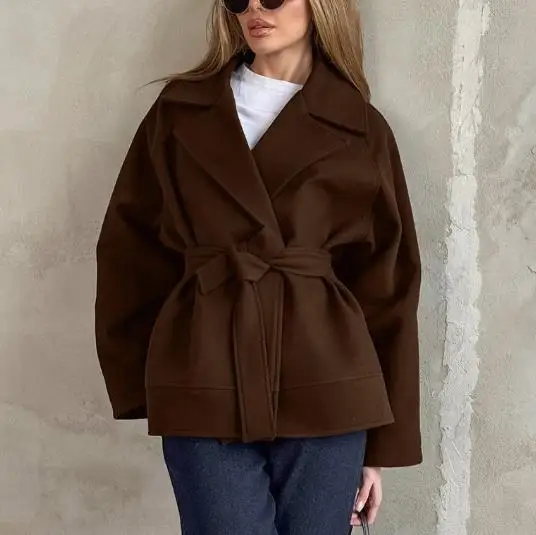 

Winter Temperament Slim Fit British Style Lace Up Waist Short Woolen Coat for Ladies Elegant Commuting Style Slim Fit Short Coat