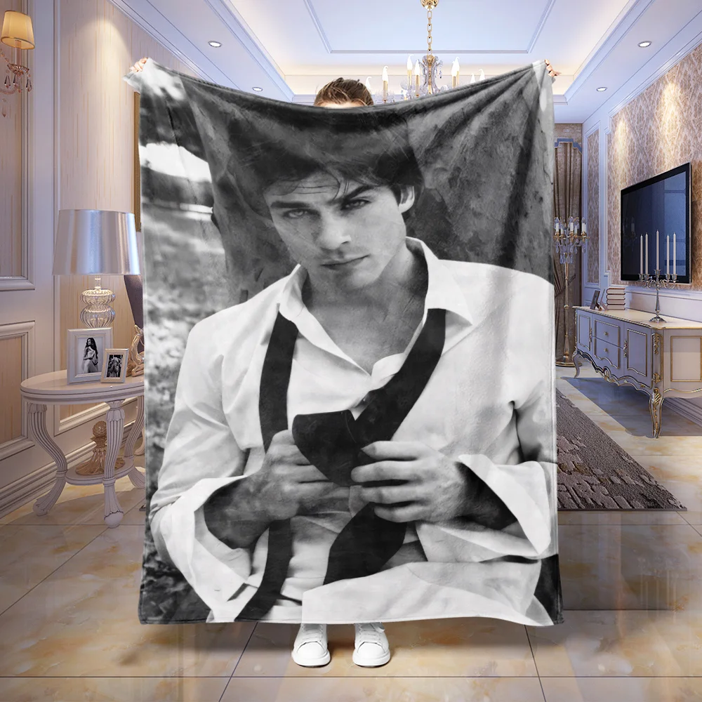 1pc Damon Salvatore Vampire Diaries Flannel Blanket All‑Season Holiday Throw for Bedroom Sofa Living Room Camping Home Decor